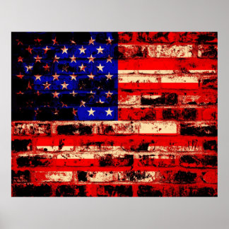 Poster Drapeau Américain Sur L'Ancien Mur De Briques