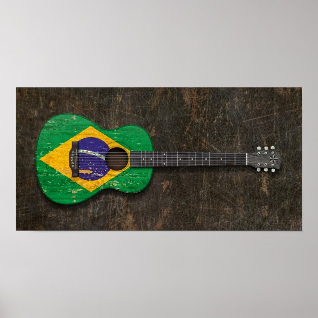 Poster Drapeau brésilien griffé et usé Guitare acoustique (Devant)
