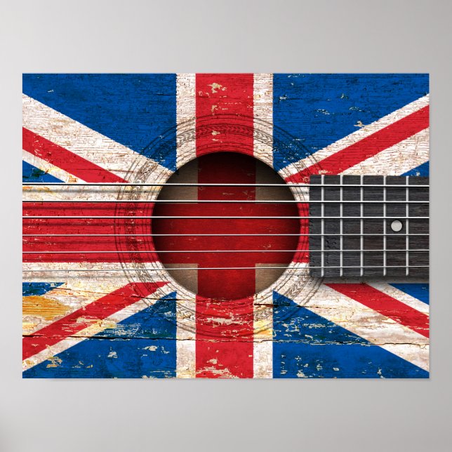 Poster Drapeau britannique sur la vieille guitare acousti (Devant)