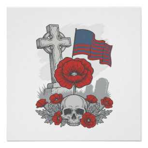 Poster Drapeau de pavot commémoratif Croix Gravure Vintag