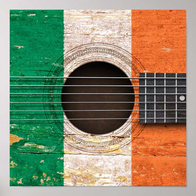 Poster Drapeau irlandais sur la vieille guitare acoustiqu (Devant)