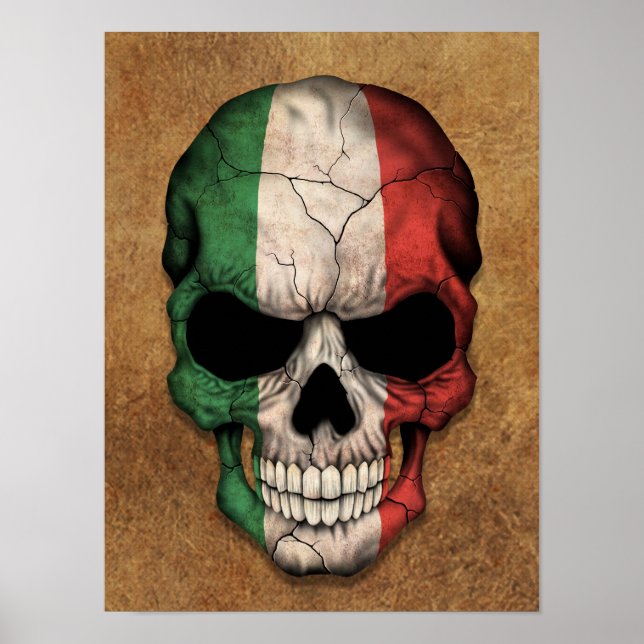 Poster Drapeau italien vieilli et porté Crâne (Devant)