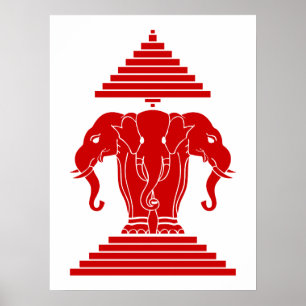 Poster Drapeau Lao / Laos Éléphant à Trois Têtes Erawan