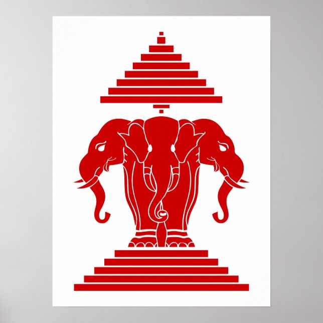 Poster Drapeau Lao / Laos Éléphant à Trois Têtes Erawan (Devant)