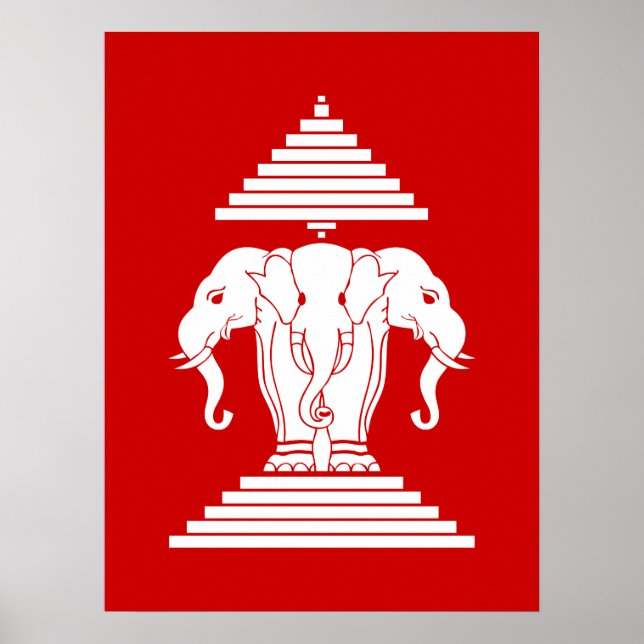 Poster Drapeau Lao / Laos Éléphant à Trois Têtes Erawan (Devant)