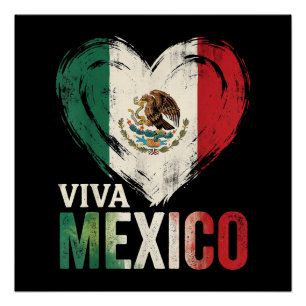 Poster Drapeau Mexicain Cœur Viva Fête de l'Indépendance