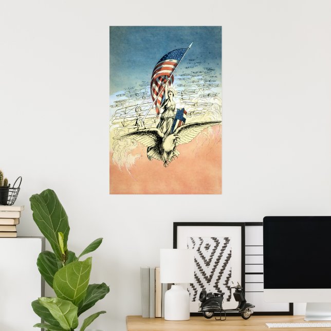 Poster Drapeau patriotique vintage, Dame, Aigle avec drap (Bureau à domicile)