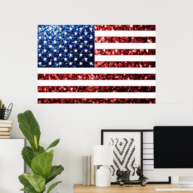 Poster Drapeau USA rouge et bleu étincelles scintille (Bureau à domicile)