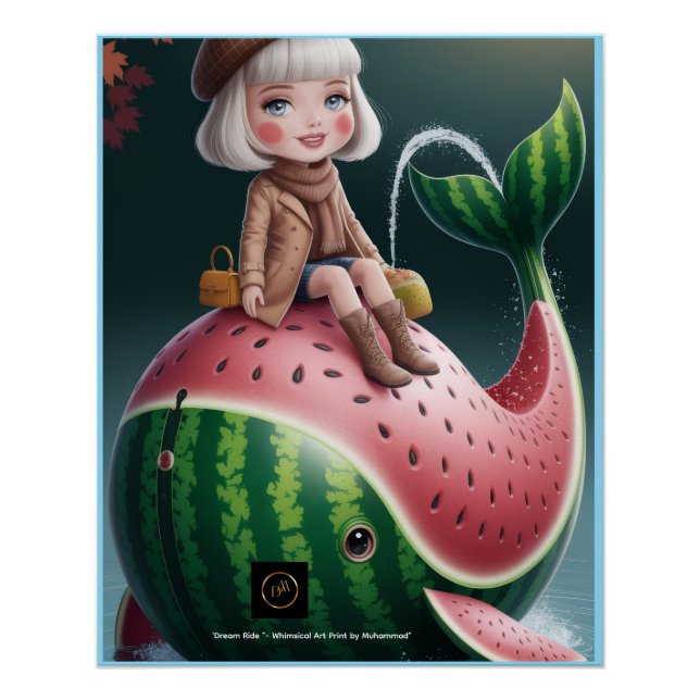 Poster Dream Ride – Cute Girl on Watermelon Whale Fantasy (Devant)