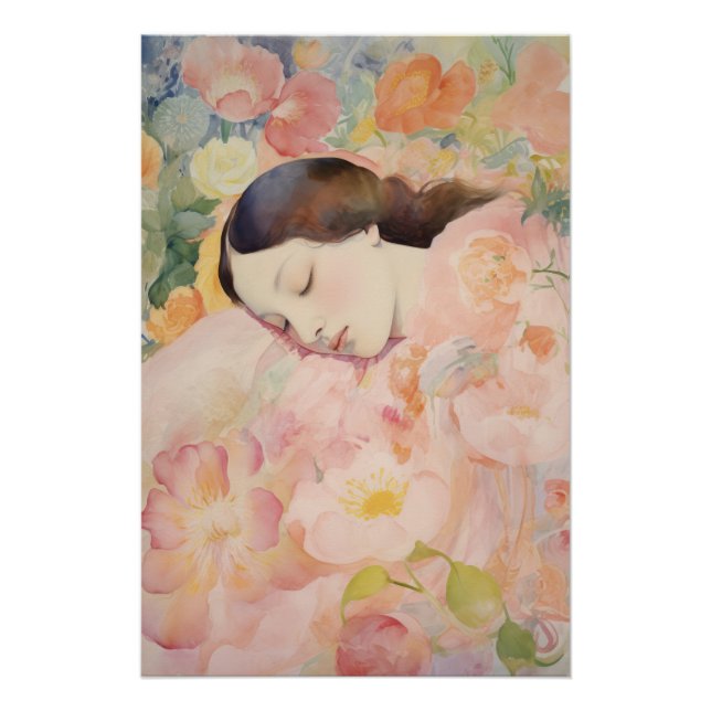 Poster Dreaming in Bloom – Watercolor Sleeping Woman (Devant)