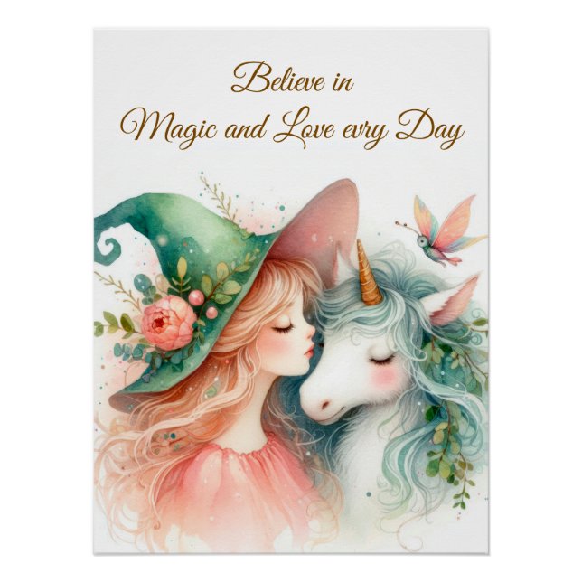 Poster Dreamy Nursery Art Witch Unicorn Aquarelle (Devant)