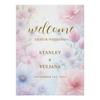 Poster Dreamy Pink Blue Watercolor Fantasy Floral Fine