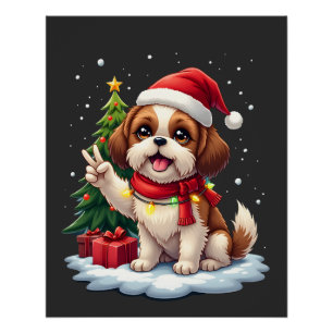 Poster Drôle de main de la paix Shih Tzu lumières de Noël