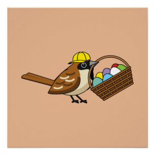 Poster Drôle mignon oiseau avec panier d'oeufs colorés