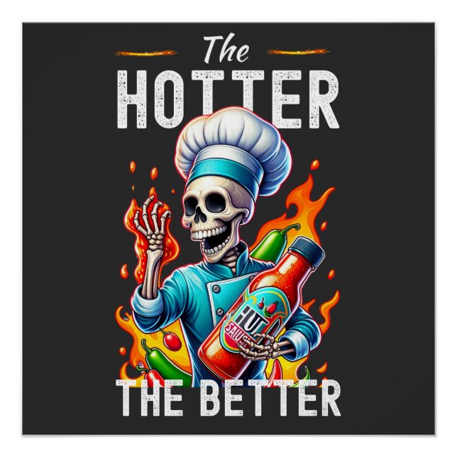 Poster Drôle Squelette de Chef portant de la sauce au feu (Devant)