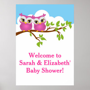 Poster du Baby shower féminin Sweet Twins Owls