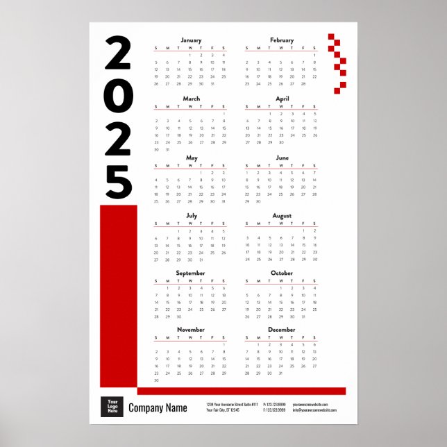 Poster du calendrier de mur d'entreprise Red 2025 (Devant)
