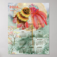 Poster du calendrier des bourdons d'aquarelle 2024
