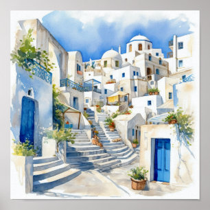Poster du Carré de peinture aquarelle Santorini Gr