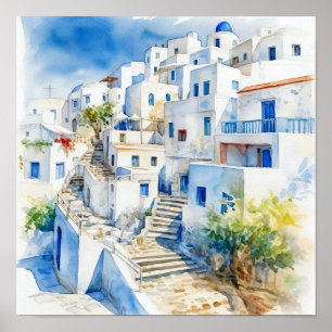 Poster du Carré de peinture aquarelle Santorini Gr
