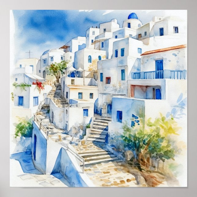 Poster du Carré de peinture aquarelle Santorini Gr (Devant)