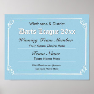 Poster du certificat de concours de fléchettes