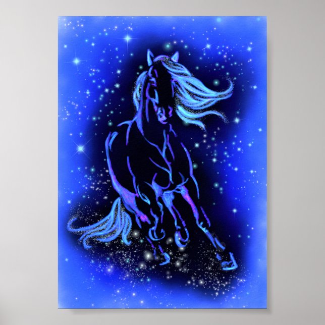 Poster du cheval Couleur bleu étoile Poster de nui (Devant)