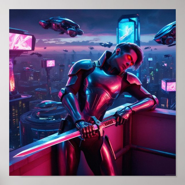 Poster du cyber-guerrier néon - Futuristic Sci-Fi (Devant)