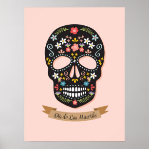 Poster du jour du crâne de sucre mort - rose-noir