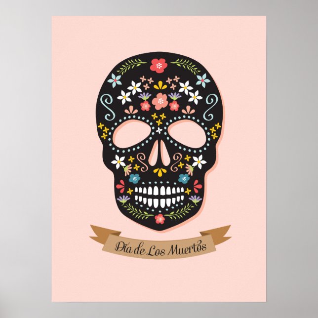 Poster du jour du crâne de sucre mort - rose-noir (Devant)