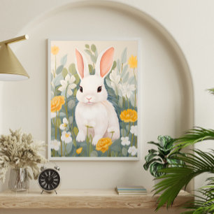 Poster du lapin blanc parmi les fleurs du printemp