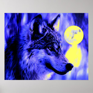 Poster du loup gris et de la lune Imprimer - Loup