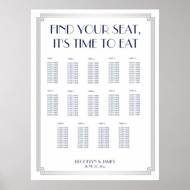 Poster du Mariage Argent Bleu Art Déco (Devant)