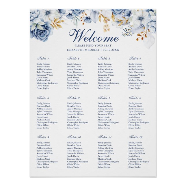 Poster du Mariage Floral bleu et or (Devant)