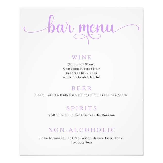 Poster du menu de la barre de Mariages violet et b (Devant)