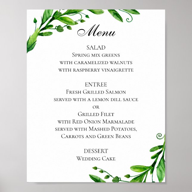 Poster du menu mariage vert. Menu du dîner d'été (Devant)
