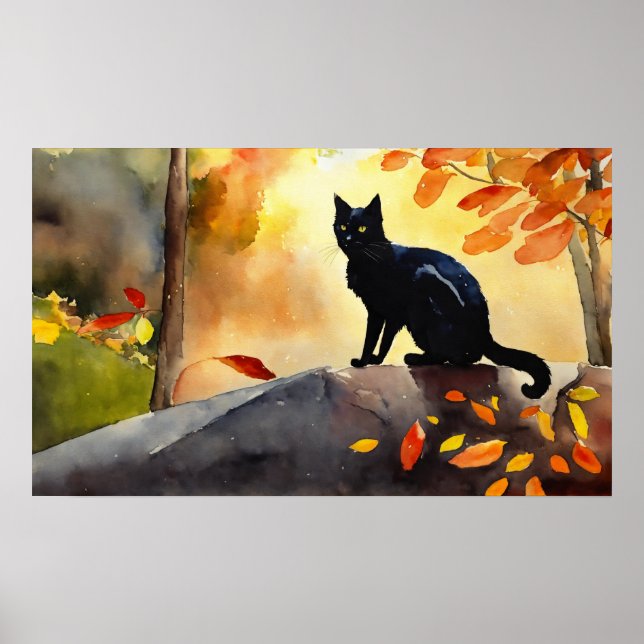 Poster du mur d'aquarelle de chat noir (Devant)