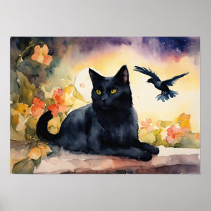 Poster du mur d'aquarelle de chat noir