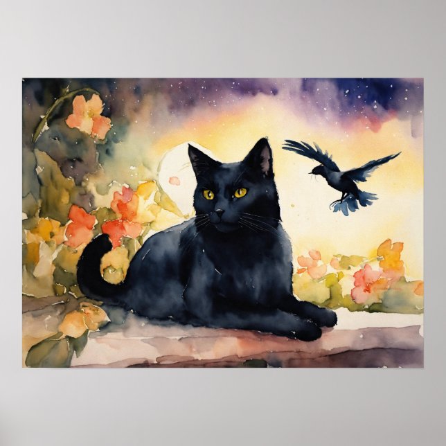 Poster du mur d'aquarelle de chat noir (Devant)