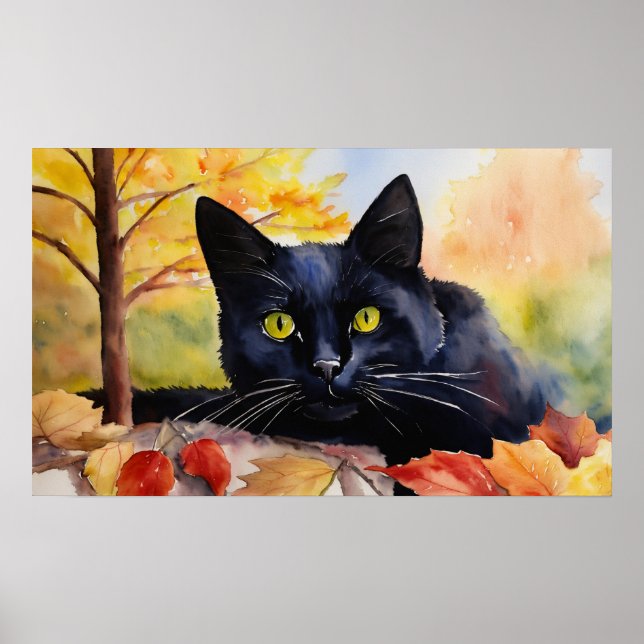 Poster du mur d'aquarelle de chat noir (Devant)