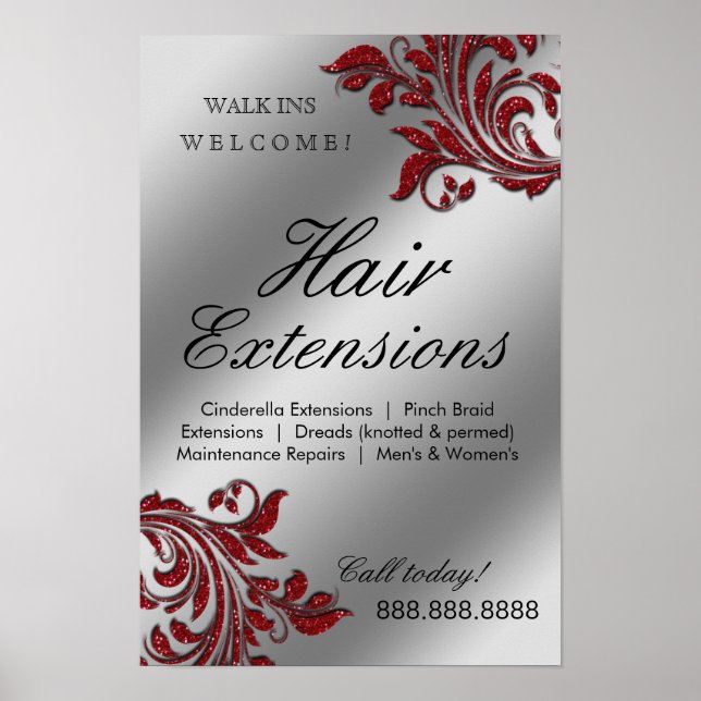 Poster du salon de coiffure Argent Rouge Feuilles  (Devant)