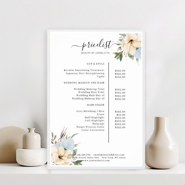 Poster du tarif Floral moderne (Modern Floral Price List Poster)