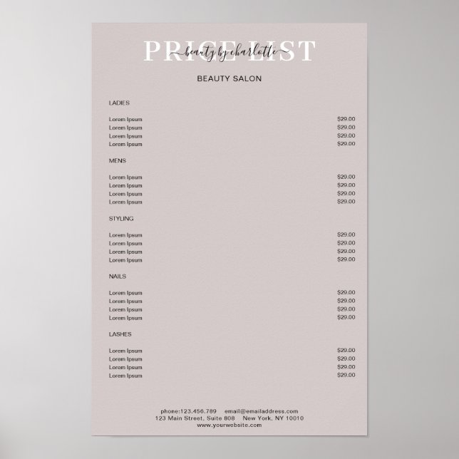 Poster du tarif moderne gris (Devant)