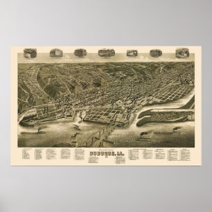 Poster Dubuque, carte panoramique de l'Iowa - 1889