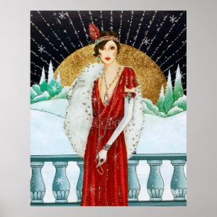 Poster d'une dame rétro vintage de Noël art déco