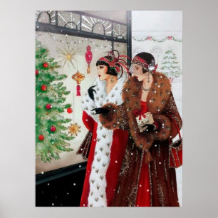 Poster d'une dame rétro vintage de Noël art déco