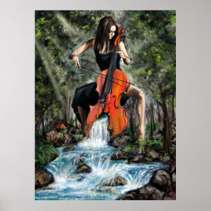Poster d'une femme au violoncelle dans la nature -