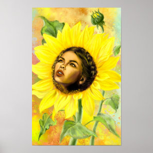 Poster d'une femme du tournesol jaune
