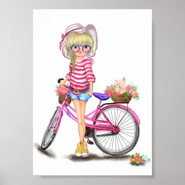Poster d'une fille blonde avec un vélo rose (Devant)