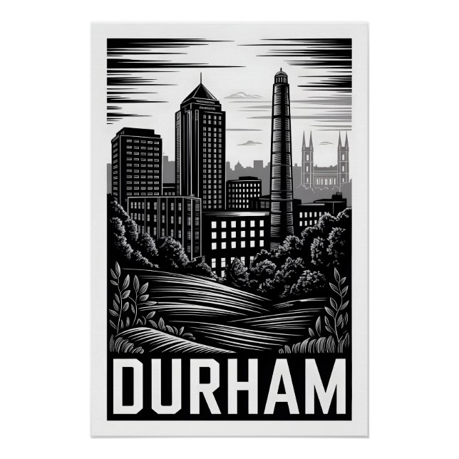 Poster Durham Caroline du Nord Noir Blanc Gravure sur boi (Devant)